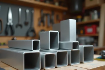 Tubes carrés en aluminium légers et résistants disposés sur un établi d'atelier pour aménagement de fourgon