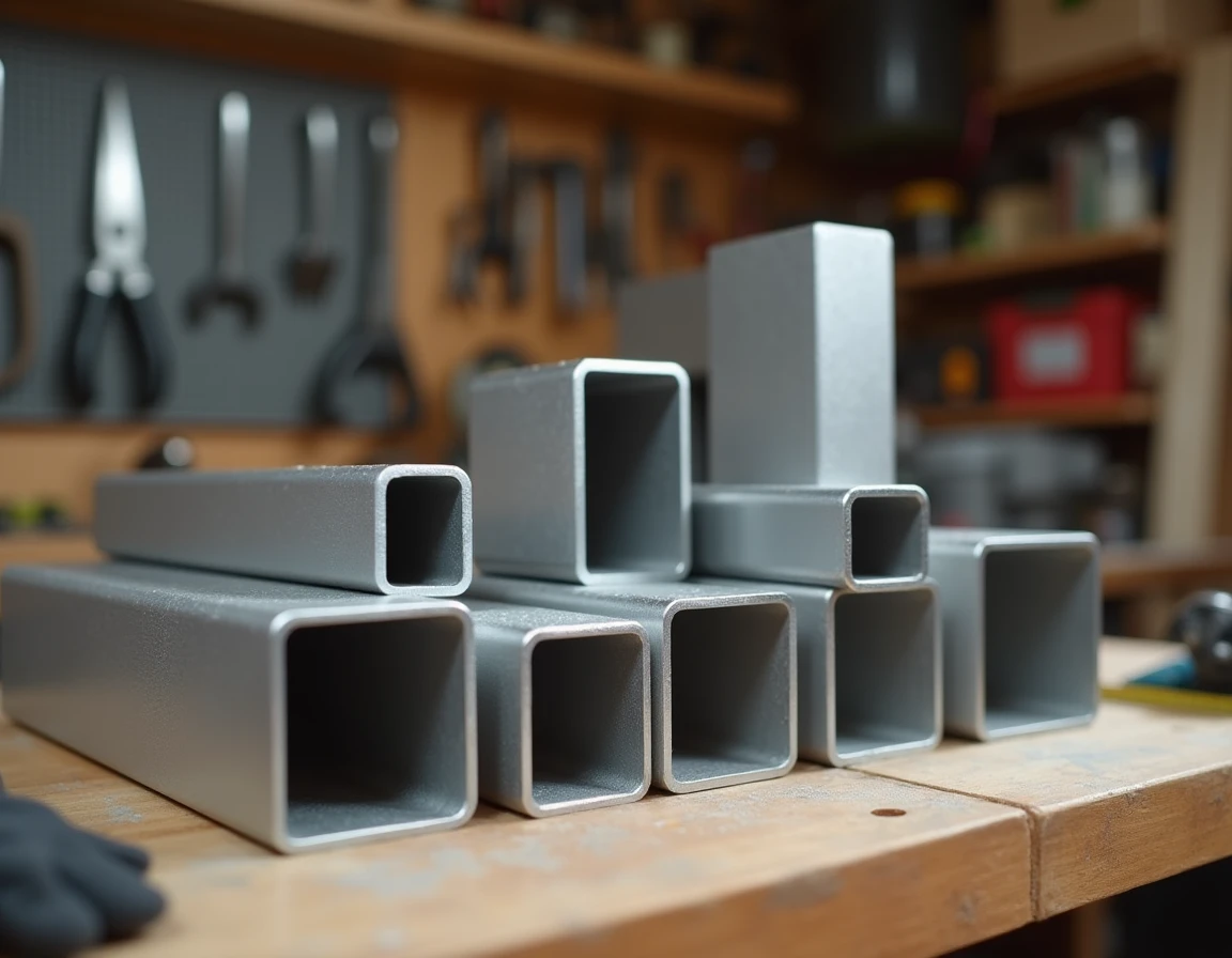 Tubes carrés en aluminium légers et résistants disposés sur un établi d'atelier pour aménagement de fourgon