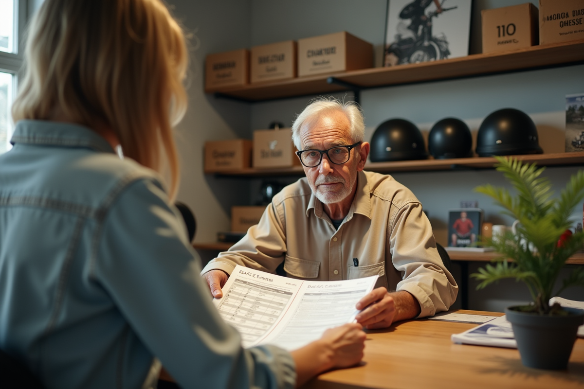 Vendeur discutant avec une cliente autour d un prix Dax 50cc en intérieur