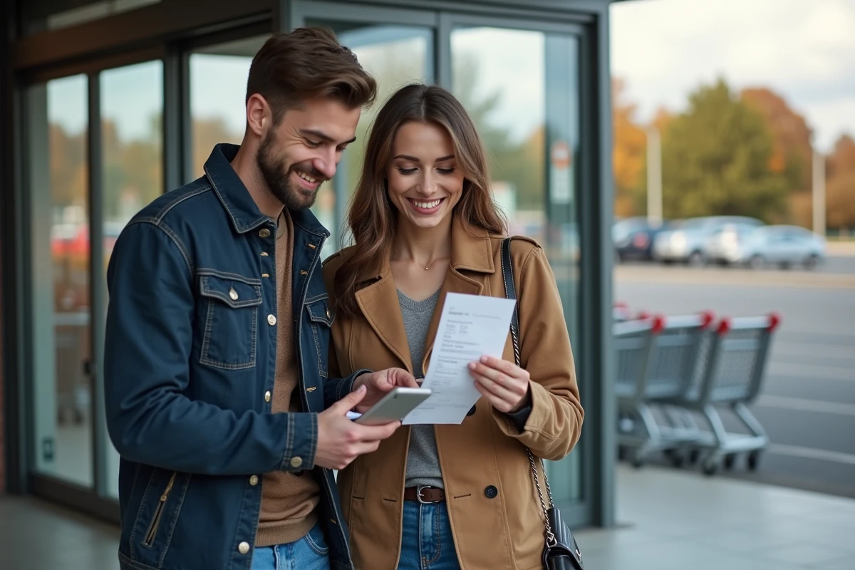 Couple vérifiant leur ticket de caisse et leur application de fidélité E.Leclerc après leurs courses