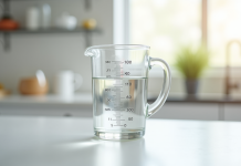 Verre mesure 500 ml sur plan de travail blanc lumineux