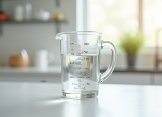 Verre mesure 500 ml sur plan de travail blanc lumineux