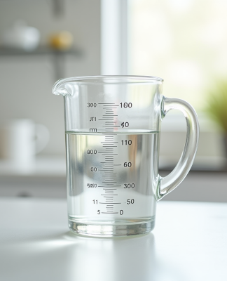 Verre mesure 500 ml sur plan de travail blanc lumineux