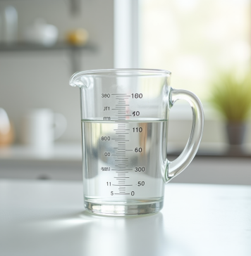 Verre mesure 500 ml sur plan de travail blanc lumineux