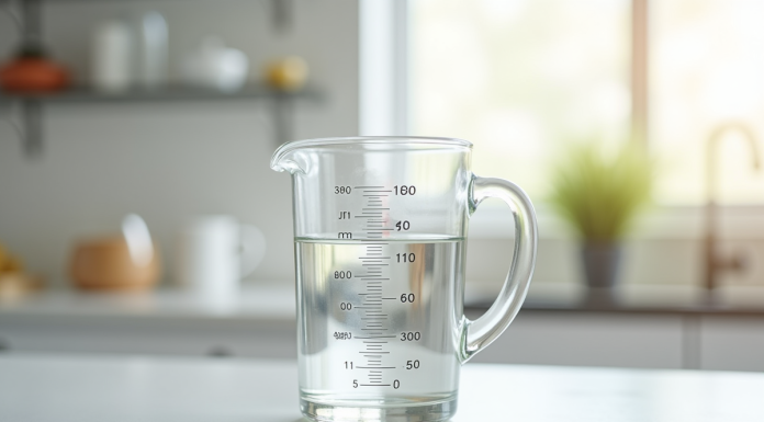 Verre mesure 500 ml sur plan de travail blanc lumineux