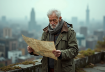 Survivront-ils les humains jusqu’en 2100 ? Réalité et futur incertain à découvrir Homme âgé regardant une carte urbaine sur un toit abandonné