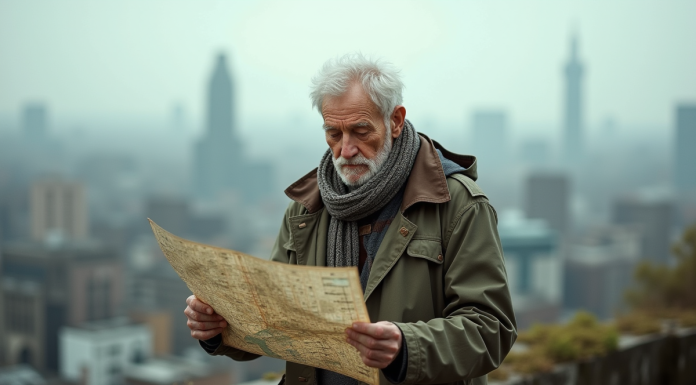 Homme âgé regardant une carte urbaine sur un toit abandonné