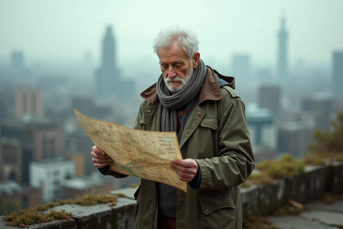 vieil-homme-carte-ville Homme âgé regardant une carte urbaine sur un toit abandonné