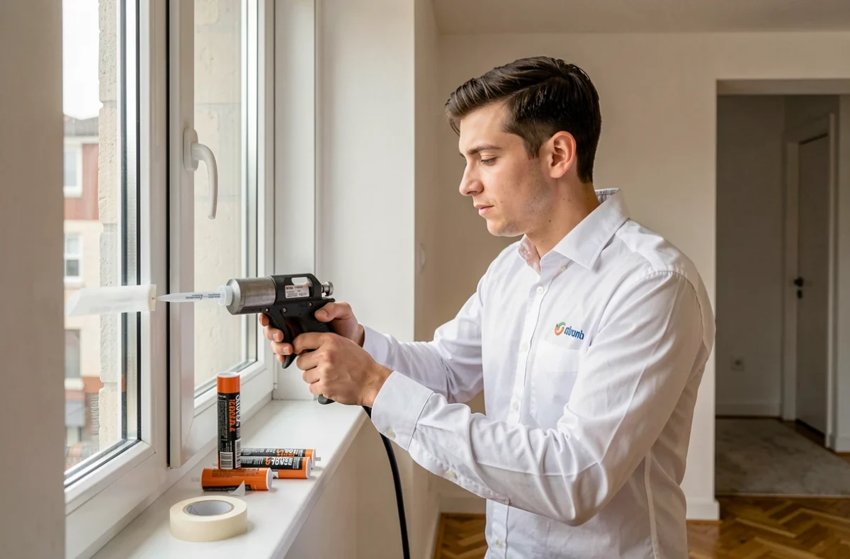 Vitrier Virgile Lefevre jointoyant une fenêtre à double vitrage dans un appartement moderne des Yvelines