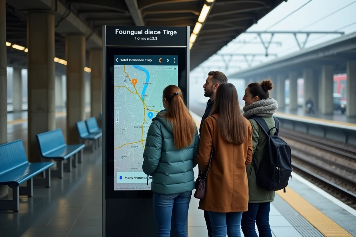 Groupe de voyageurs consultant une borne interactive RATP affichant le trafic en temps réel sur le quai RER