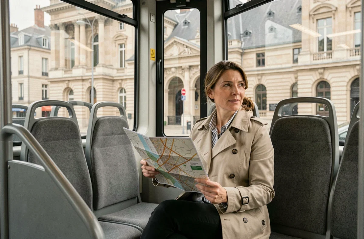 Voyageuse tenant un plan de ville dans un tram de Bordeaux avec vue sur les monuments historiques par la fenêtre