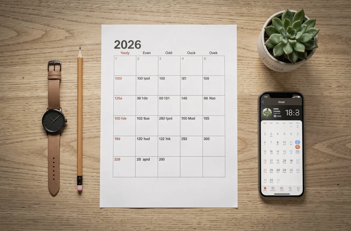Vue de dessus d'un bureau avec tableau de planification annuelle 2026 semaines paires et impaires